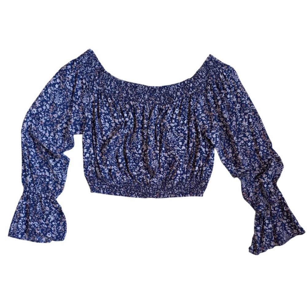 Ethope Studios Blue Floral Off Shoulder Crop Top – Long Sleeve Peasant Blouse, S
